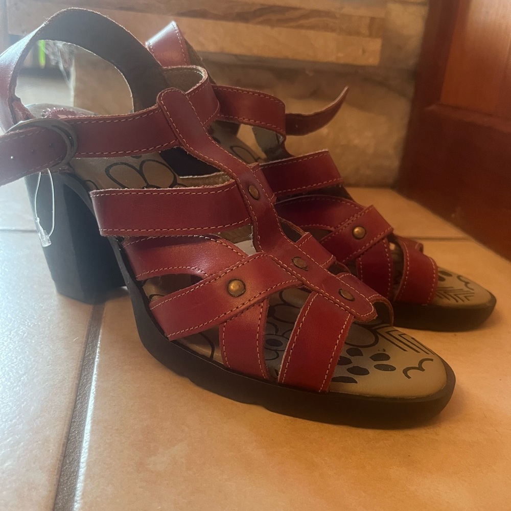 Fly London red leather heeled sandals